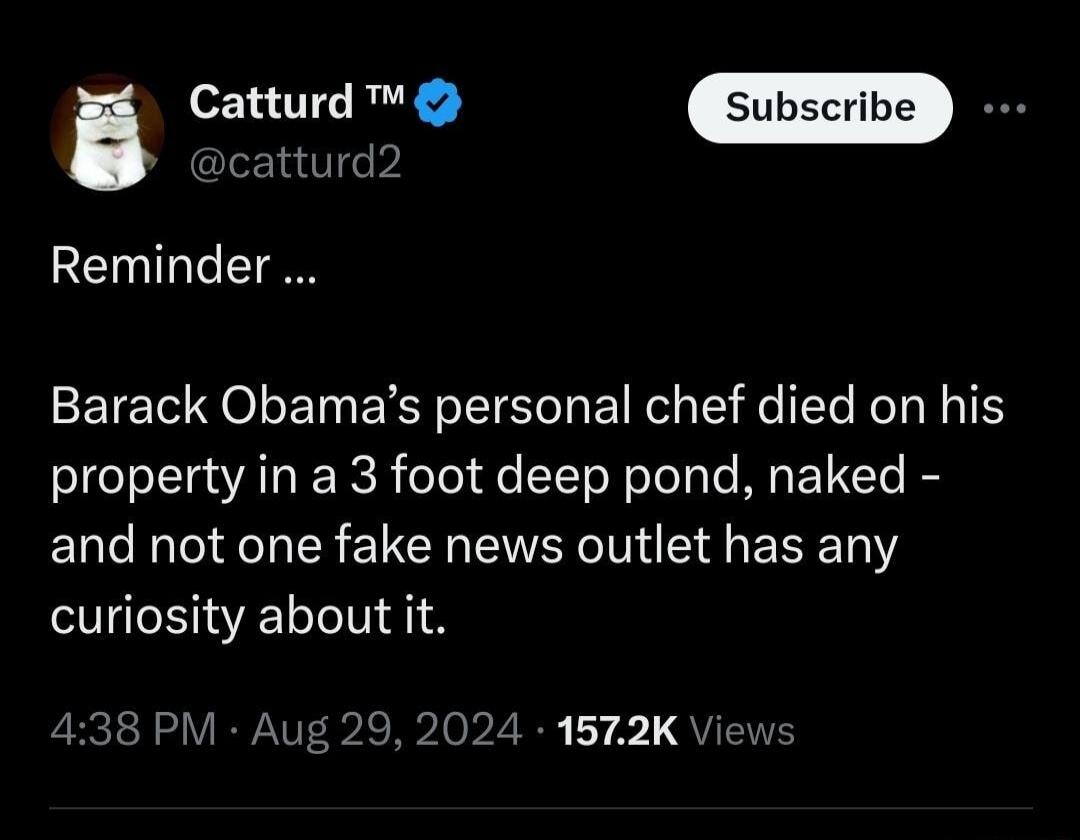 B e catturd2 Reminder Barack Obamas personal chef died on his property in a 3 foot deep pond naked and not one fake news outlet has any curiosity about it St VWAV oie R lop 2 Ly 1 QUEINE