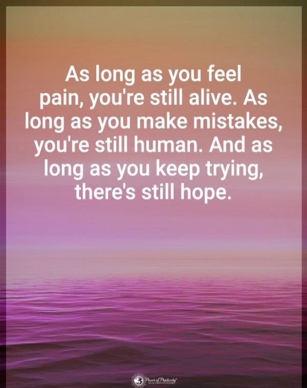 As long as you feel pain, you're still alive. As long as you make mistakes, you're still human. And as long as you keep trying, there's still hope.