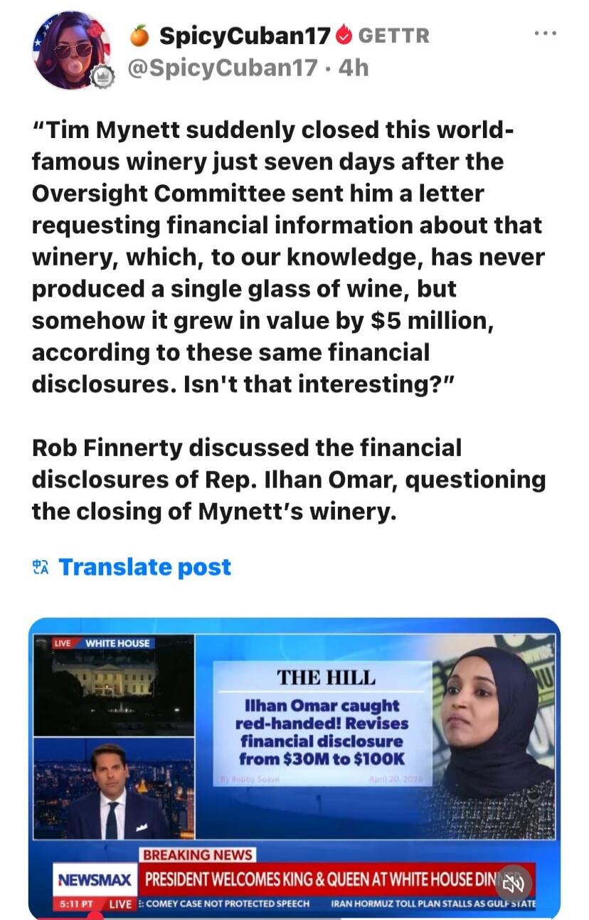 Tim Mynett suddenly closed this world-famous winery just seven days after the Oversight Committee sent him a letter requesting financial information about that winery, which, to our knowledge, has never produced a single glass of wine, but somehow it grew in value by $5 million, according to these same financial disclosures. Isn't that interesting?