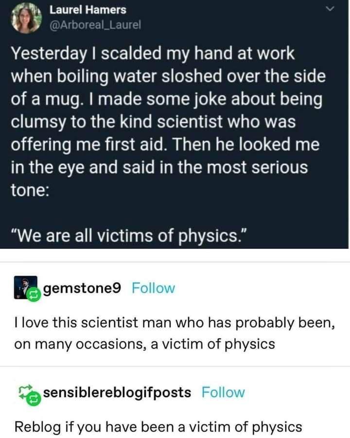 f _ ETTE R EL TS AR Gl EVAE o Sle Mg A Ty le Y 414 3 when boiling water sloshed over the side of a mug made some joke about being clumsy to the kind scientist who was offering me first aid Then he looked me in the eye and said in the most serious tone We are all victims of physics mgemstoneQ Foll love this scientist man who has probably been on many occasions a victim of physics 4 sensiblereblogif