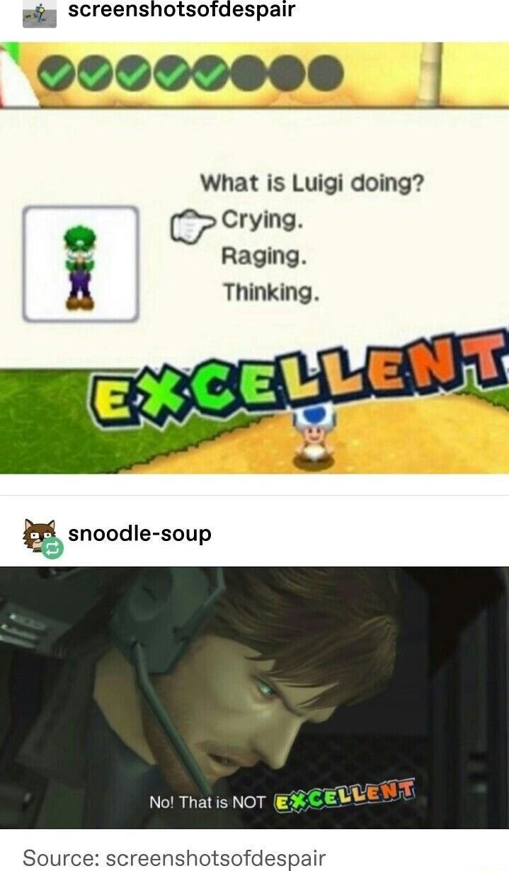 Bia screenshotsofdespair ooccceee What is Luigi doing Crying i Raging Thinking E snoodle soup No Thatis NOT ERCEEE Source screenshotsofdespair