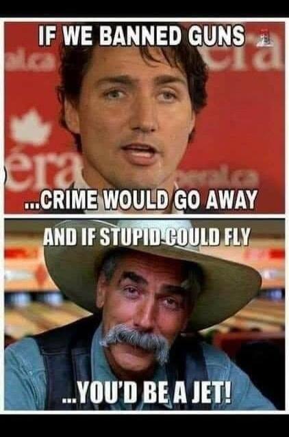 IF WE BANNED GUNS ...CRIME WOULD GO AWAY AND IF STUPID COULD FLY ...YOU'D BE A JET!