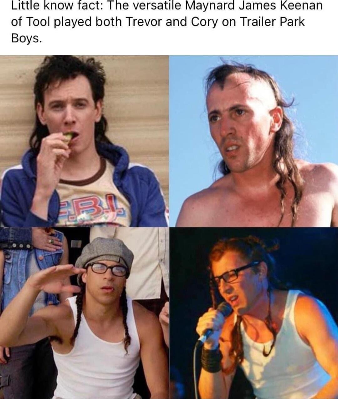 Little know fact The versatile Maynard James Keenan of Tool played both Trevor and Cory on Trailer Park Boys