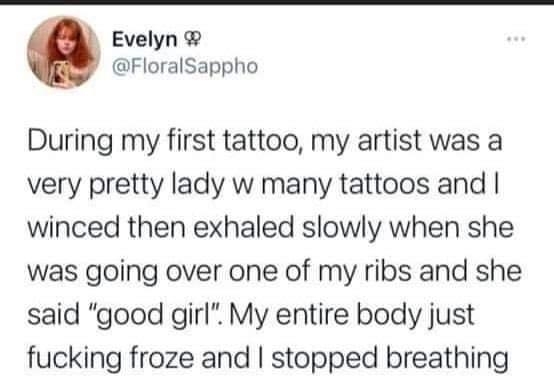 Evelyn FloralSappho During my first tattoo my artist was a very pretty lady w many tattoos and winced then exhaled slowly when she was going over one of my ribs and she said good girl My entire body just fucking froze and stopped breathing 1157 PM 111820 Twitter for iPhone