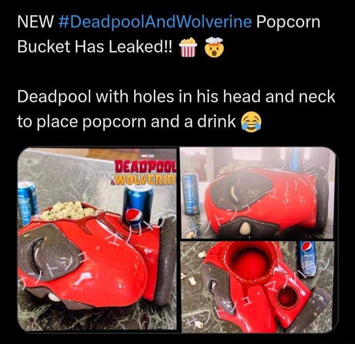 NEW DeadpoolAndWolverine Popcorn Bucket Has Leaked fft Deadpool with holes in his head and neck to place popcorn and a drink