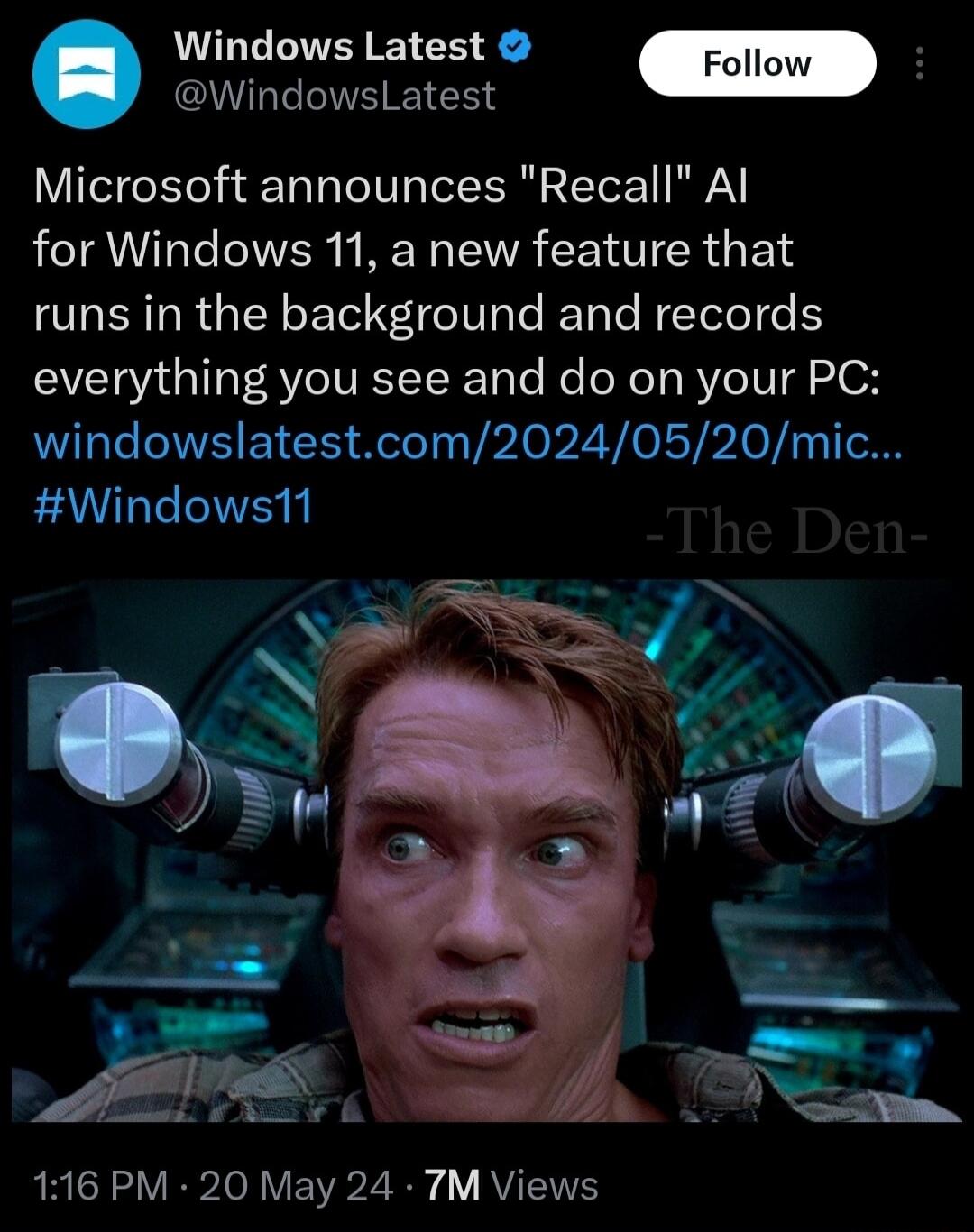 LGV GO 2 Follow QWLEEIVHIEIERS Microsoft announces Recall Al for Windows 11 a new feature that runs in the background and records everything you see and do on your PC windowslatestcom20240520mic Windows11 AR VROl V EVo2 Ry RVITITS