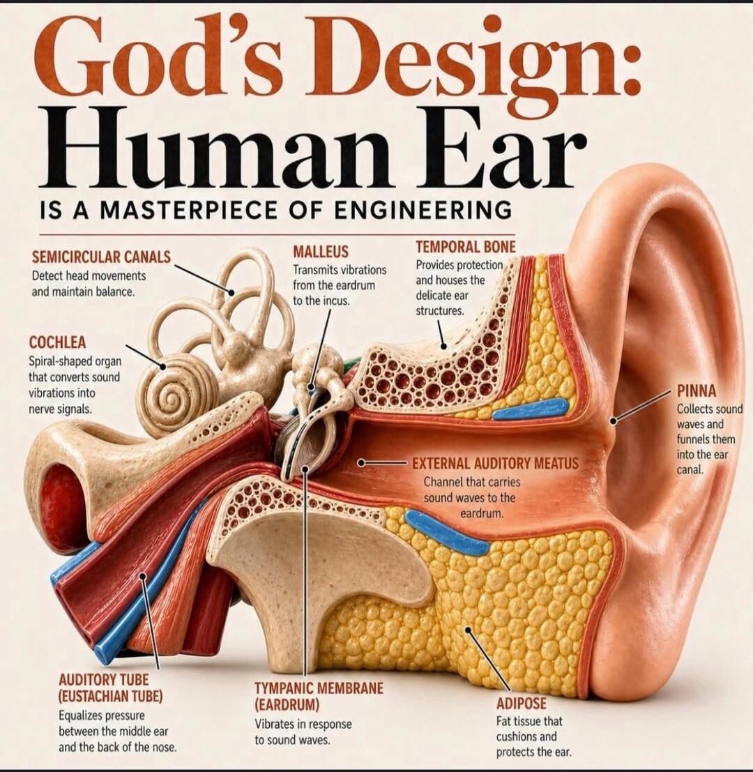 God's Design: Human Ear IS A MASTERPIECE OF ENGINEERING. SEMICIRCULAR CANALS Detect head movements and maintain balance. COCHLEA Spiral-shaped organ that converts sound vibrations into nerve signals. AUDITORY TUBE (EUSTACHIAN TUBE) Equalizes pressure between the middle ear and the back of the nose. MALLEUS Transmits vibrations from the eardrum to t