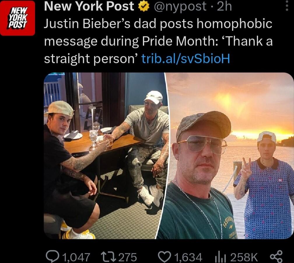 New York Post nypost 2h Justin Biebers dad posts homophobic message during Pride Month Thank a straight person