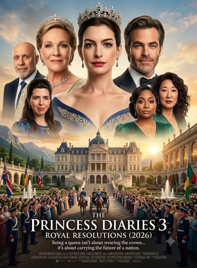 THE PRINCESS DIARIES 3 ROYAL RESOLUTIONS (2026) Being a queen isn't about wearing the crown... it's about carrying the future of a nation. Walt Disney Pictures, Hector Elizondo, Julie Andrews, Anne Hathaway, Chris Pine, Sandra Oh, Raven-Symoné, Marc Shaiman, Debra Martin Chase, Whitney Houston, Garry Marshall, Mia Thermopolis, Genovia, Royal Family