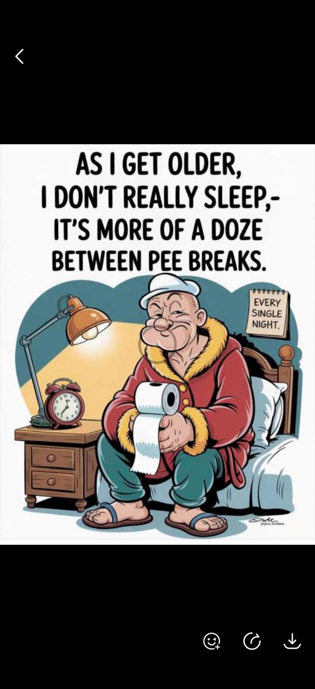 AS I GET OLDER, I DON'T REALLY SLEEP,- IT'S MORE OF A DOZE BETWEEN PEE BREAKS. EVERY SINGLE NIGHT.