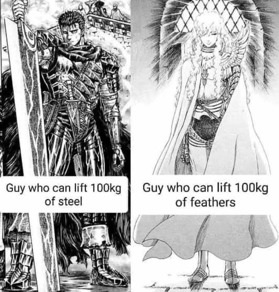 Guy who can lift 100kg Guy who can lift 100kg of steel of feathers