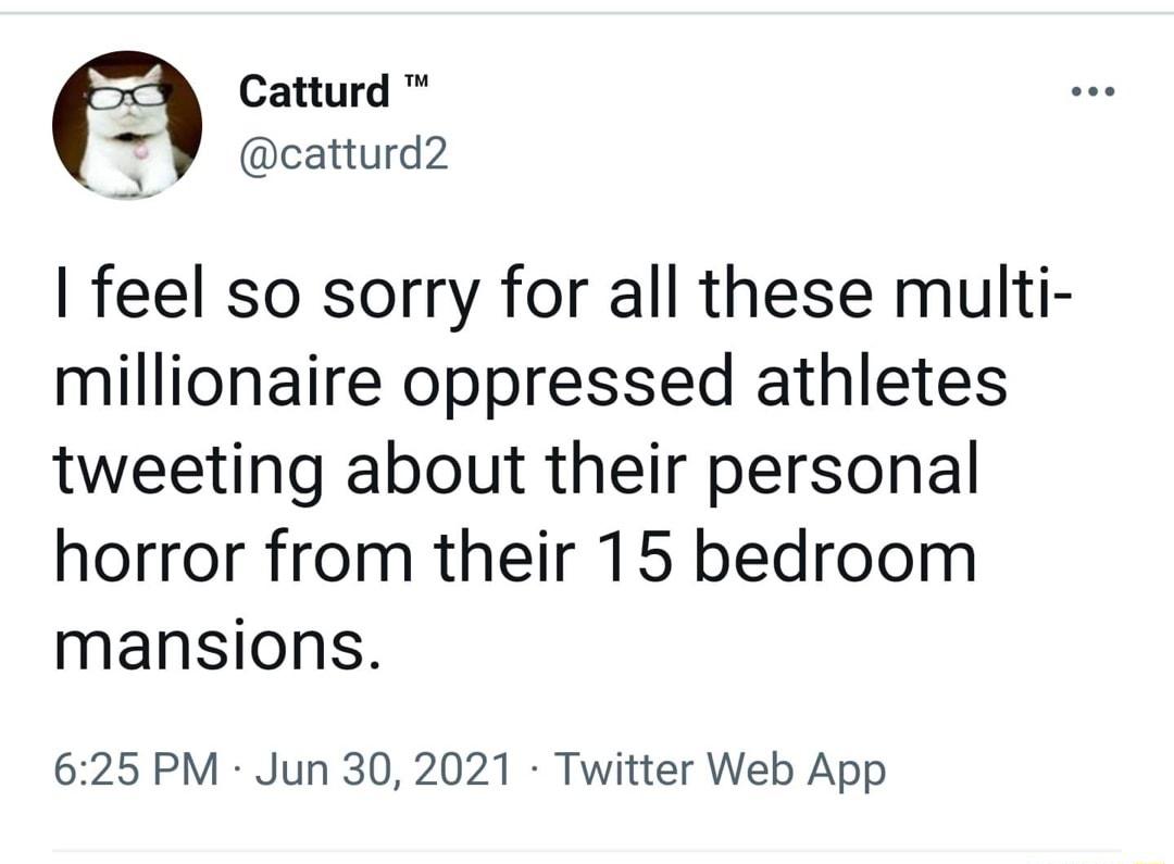 X Catturd catturd2 feel so sorry for all these multi millionaire oppressed athletes tweeting about their personal horror from their 15 bedroom mansions 625 PM Jun 30 2021 Twitter Web App