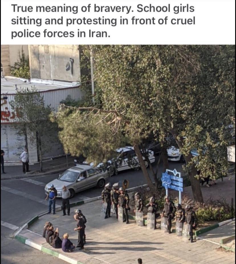 True meaning of bravery School girls sitting and protesting in front of cruel police forces in Iran
