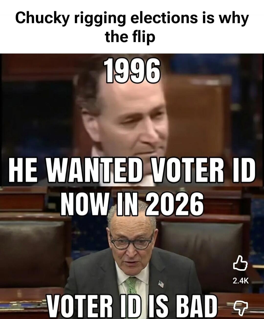 Chucky rigging elections is why the flip 1996 HE WANTED VOTER ID NOW IN 2026 VOTER ID IS BAD