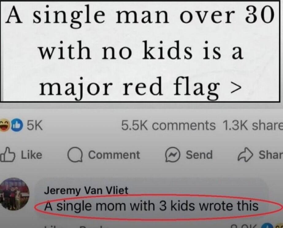 A single man over 30 with no kids is a major red flag. A single mom with 3 kids wrote this.