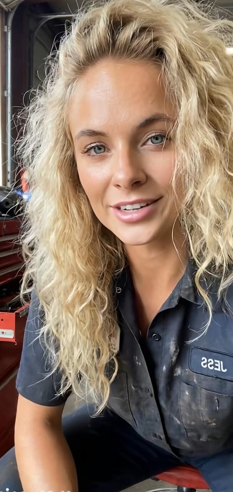 A young woman with curly blonde hair and blue eyes, wearing a dark, dirty work shirt with 'JESS' (reversed) on the pocket, smiling slightly in what appears to be a garage or workshop setting.