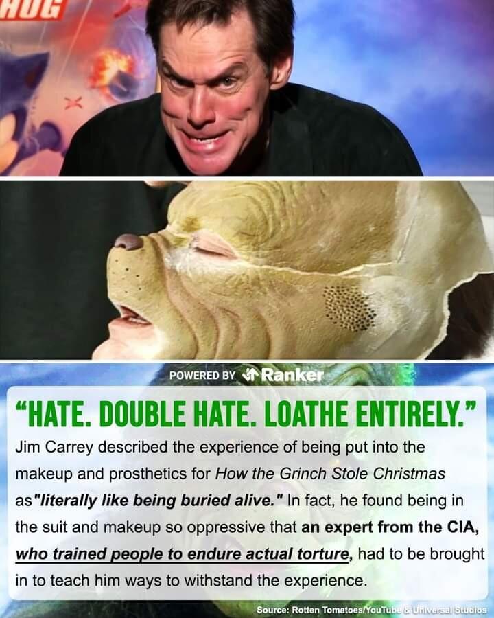 HATE DOUBLE HATE LOATHE ENTIRELY Jim Carrey described the experience of being put into the makeup and prosthetics for How the Grinch Stole Christmas asliterally like being buried alive In fact he found being in the suit and makeup so oppressive that an expert from the CIA who trained people to endure actual torture had to be brought in to teach him ways to withstand the experience