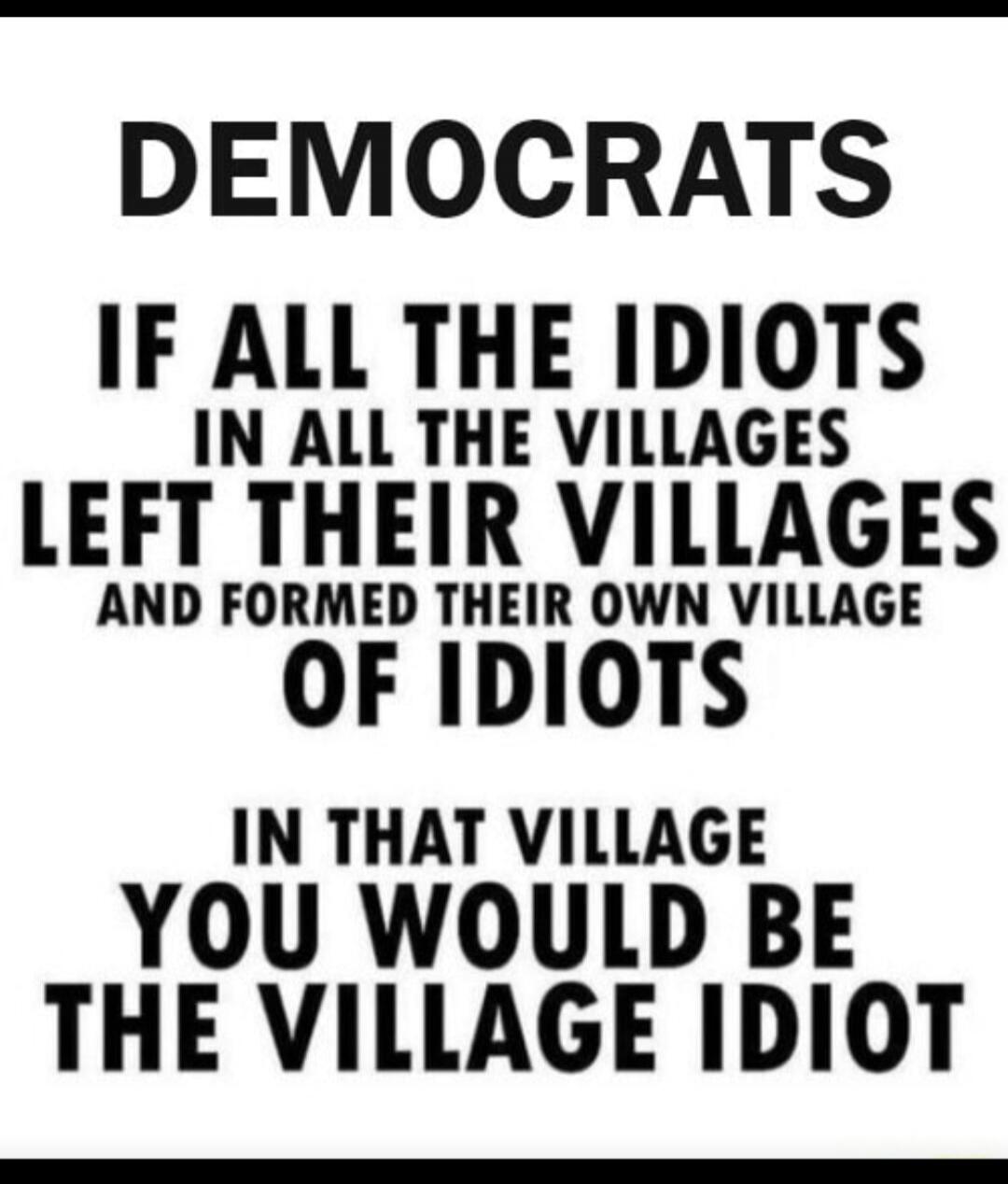 DEMOCRATS IF ALL THE IDIOTS IN ALL THE VILLAGES LEFT THEIR VILLAGES AND FORMED THEIR OWN VILLAGE OF IDIOTS IN THAT VILLAGE YOU WOULD BE THE VILLAGE IDIOT