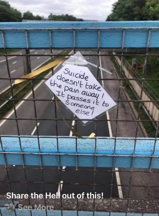 Suicide doesn't take the pain away! It passes it to someone else! Share the Hell out of this! See More