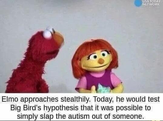 E R Elmo approaches stealthily Today he would test Big Birds hypothesis that it was possible to simply slap the autism out of someone