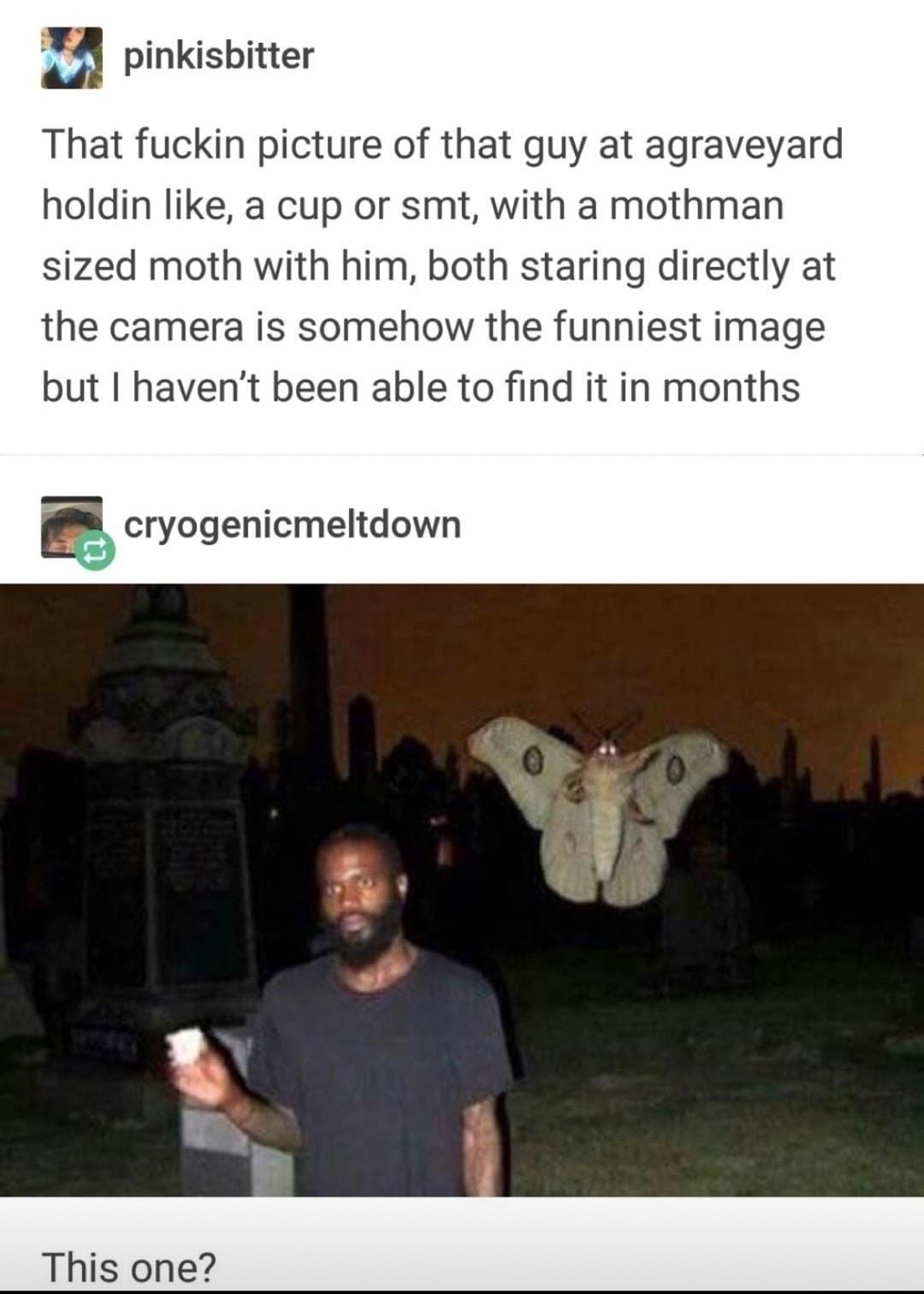 pinkisbitter That fuckin picture of that guy at agraveyard holdin like a cup or smt with a mothman sized moth with him both staring directly at the camera is somehow the funniest image but havent been able to find it in months B cryogenicmeltdown