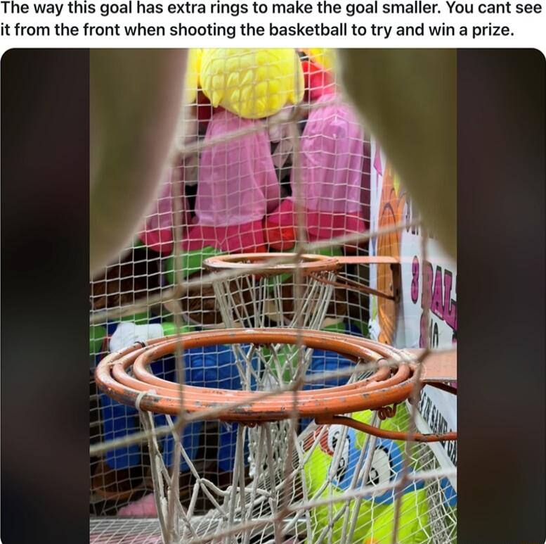 The way this goal has extra rings to make the goal smaller You cant see it from the front when shooting the basketball to try and win a prize