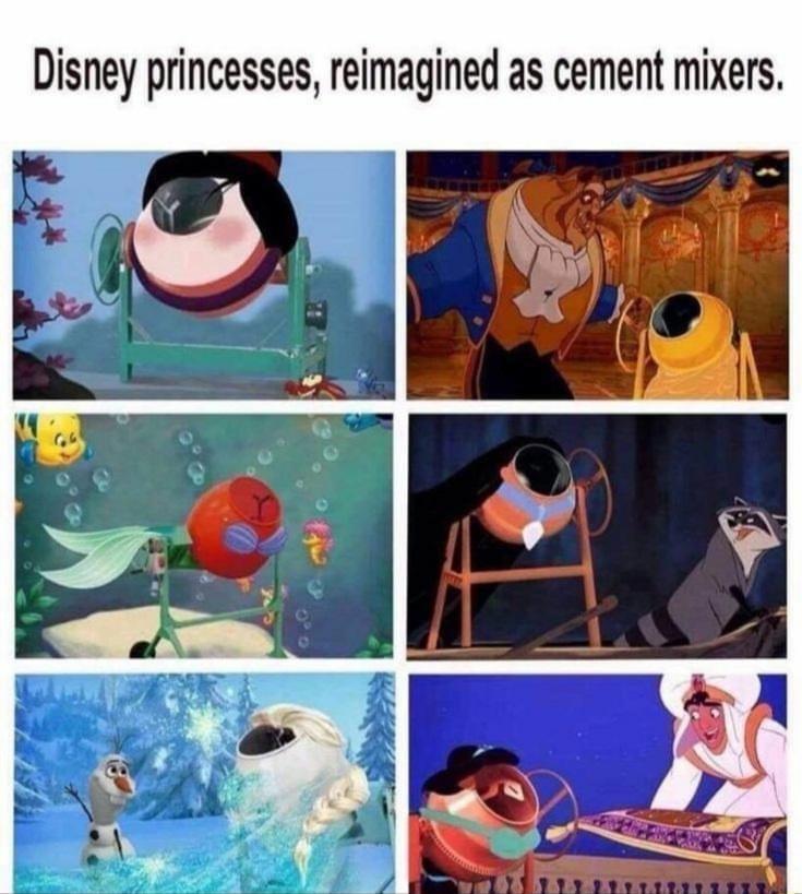 Disney princesses reimagined as cement mixers