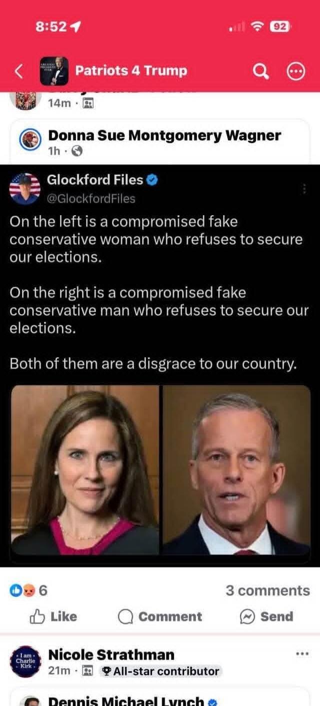 Patriots 4 Trump. Donna Sue Montgomery Wagner. Glockford Files @GlockfordFiles. On the left is a compromised fake conservative woman who refuses to secure our elections. On the right is a compromised fake conservative man who refuses to secure our elections. Both of them are a disgrace to our country. Nicole Strathman All-star contributor. Dennis M