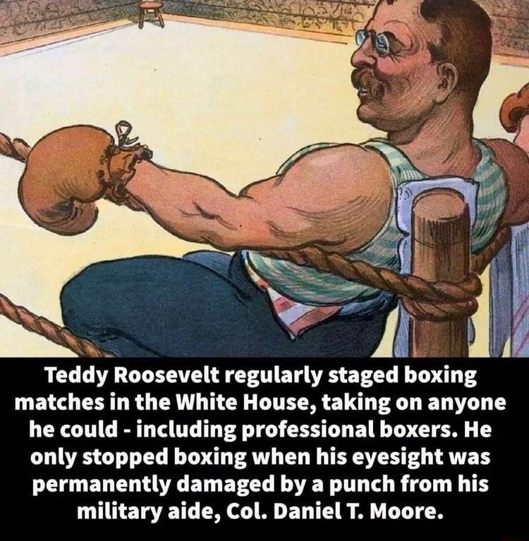 xy Teddy Roosevelt regularly staged boxing matches in the White House taking on anyone he could including professional boxers He only stopped boxing when his eyesight was permanently damaged by a punch from his military aide Col Daniel T Moore