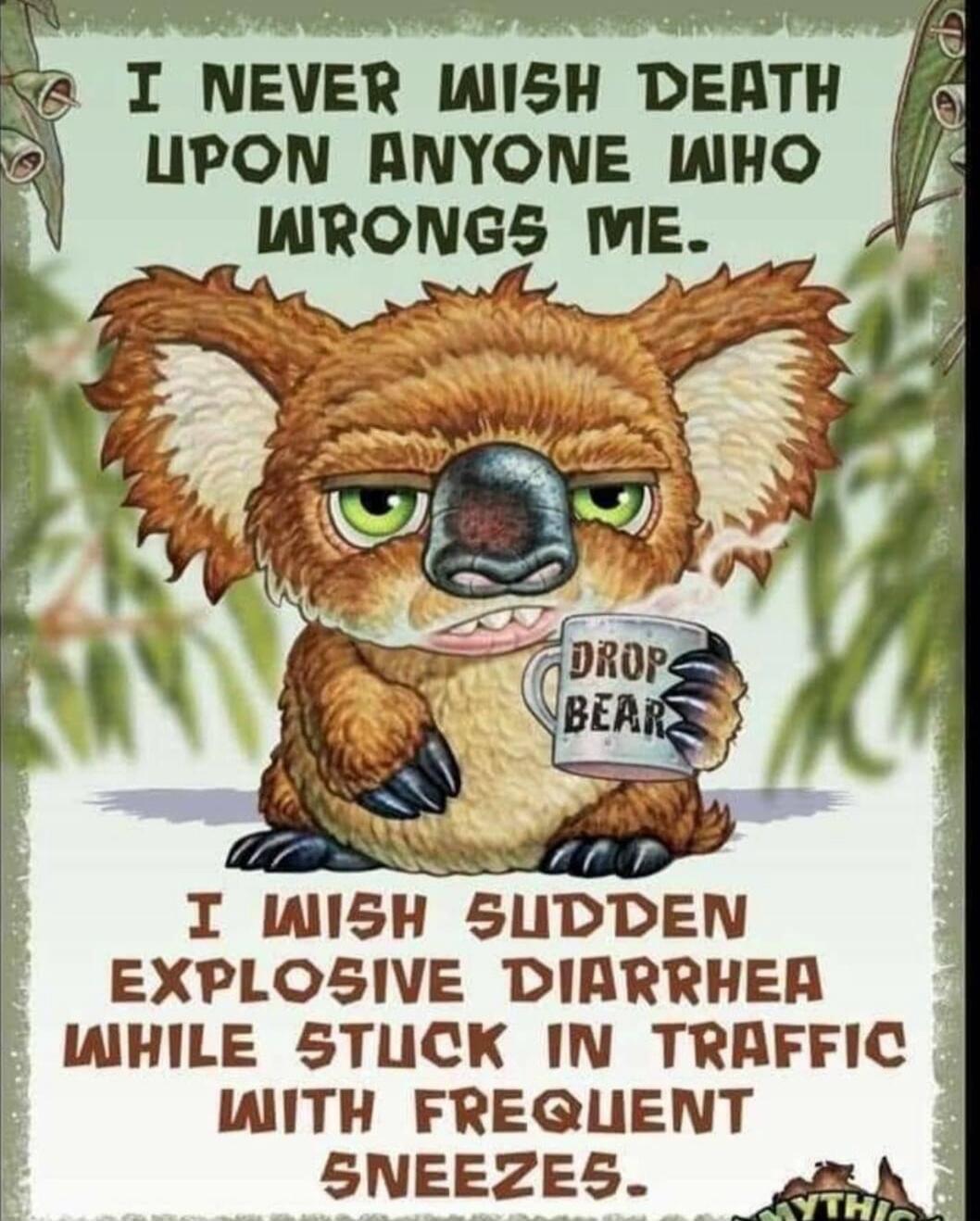 I NEVER WISH DEATH UPON ANYONE WHO WRONGS ME. I WISH SUDDEN EXPLOSIVE DIARRHEA WHILE STUCK IN TRAFFIC WITH FREQUENT SNEEZES. DROP BEAR