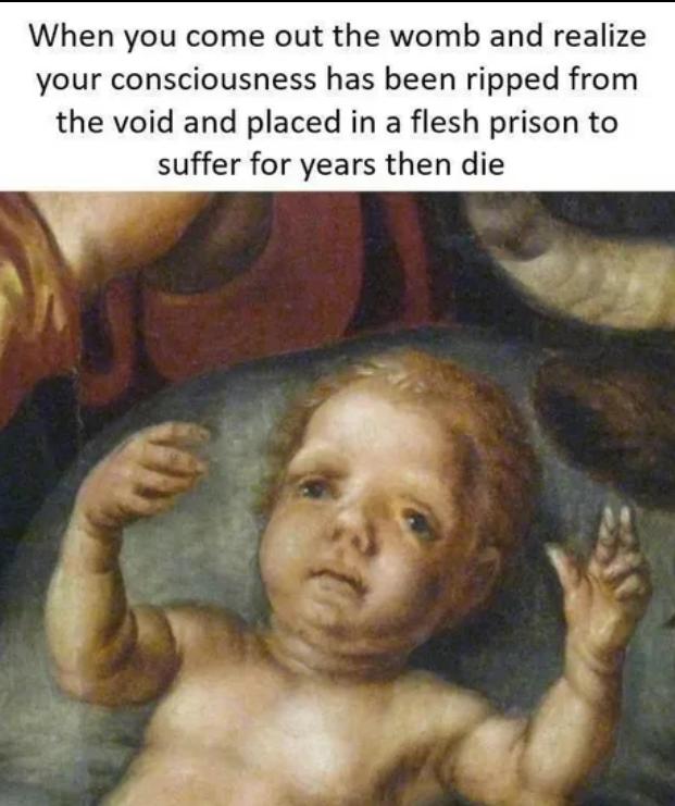 When you come out the womb and realize your consciousness has been ripped from the void and placed in a flesh prison to suffer for years then die