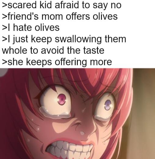 scared kid afraid to say no friends mom offers olives hate olives just keep swallowing them whole to avoid the taste she keeps offering more