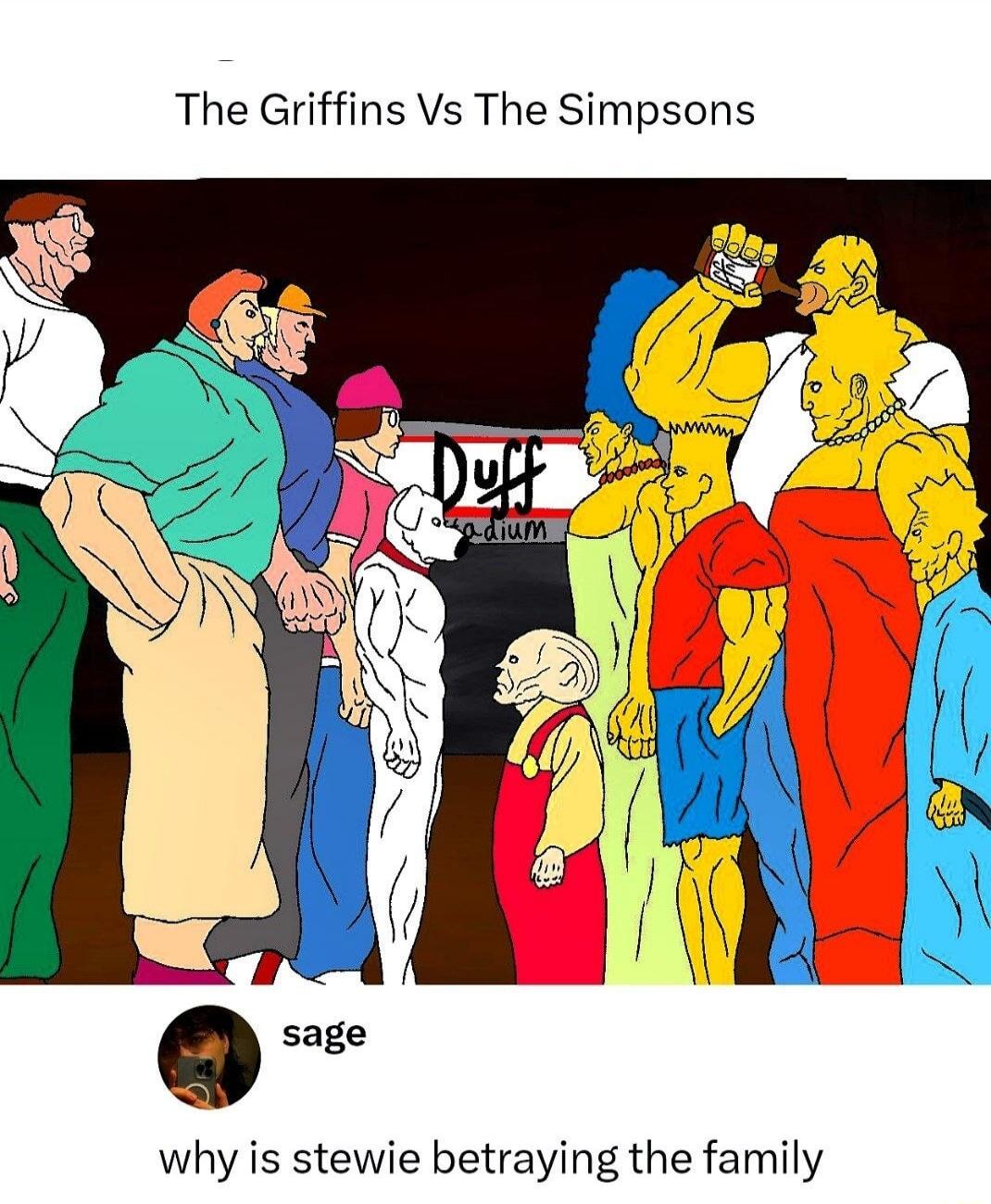 The Griffins Vs The Simpsons Duff Stadium why is stewie betraying the family