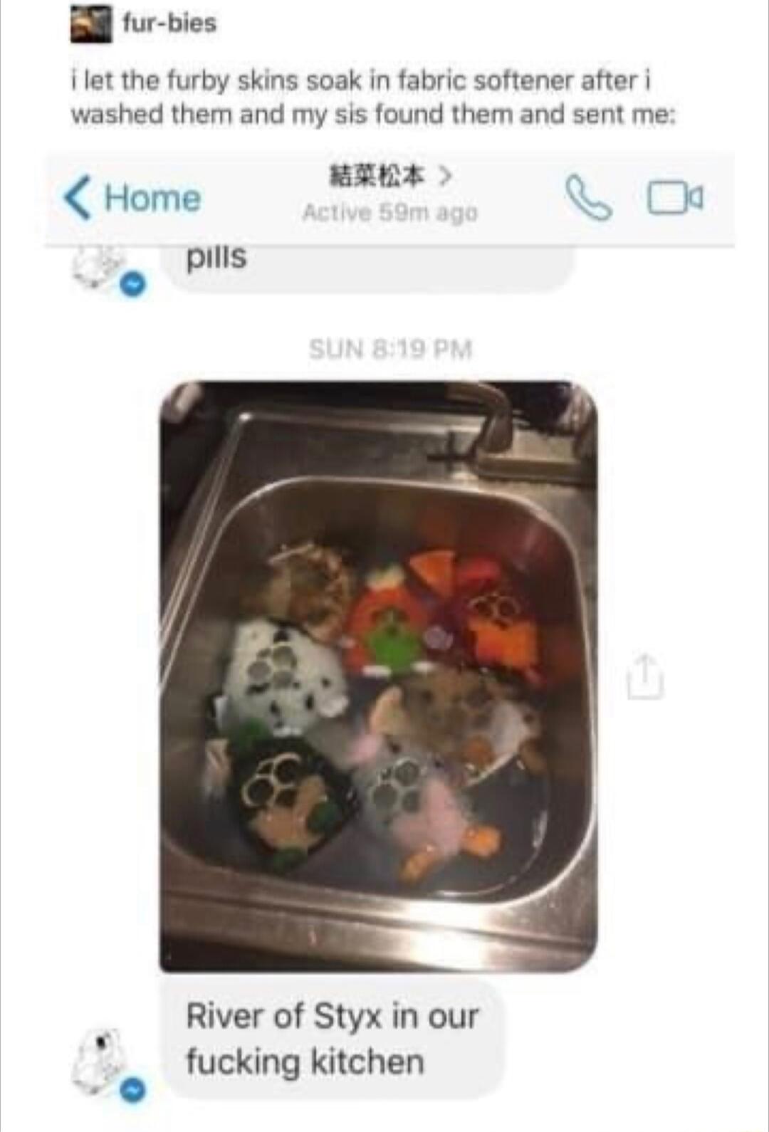 Bl fur bies i let the furby skins soak in fabric softener after washed them and my sis found them and sent me BRNE Home pills River of Styx in our fucking kitchen