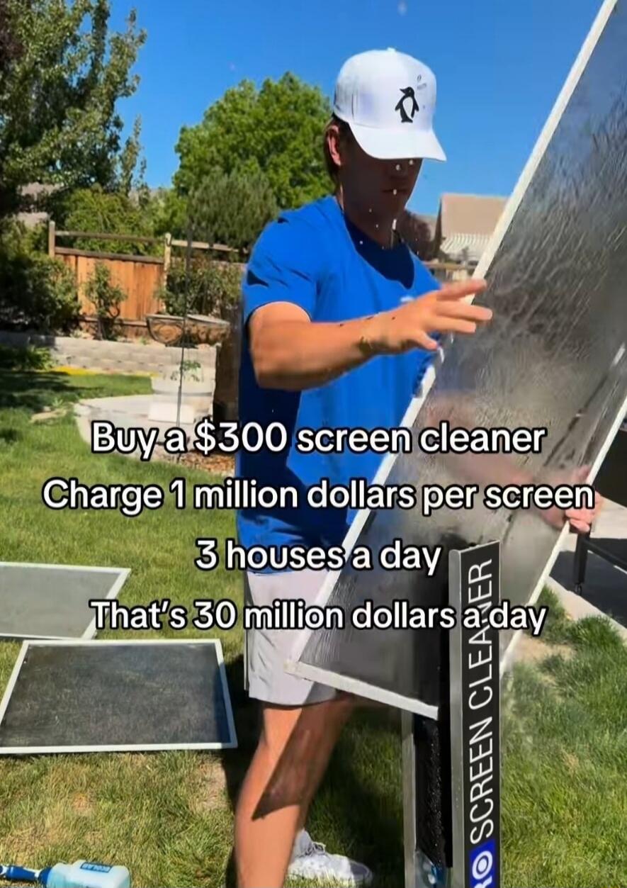 Buy a $300 screen cleaner. Charge 1 million dollars per screen. 3 houses a day. That's 30 million dollars a day. PRO SCREEN CLEANER.