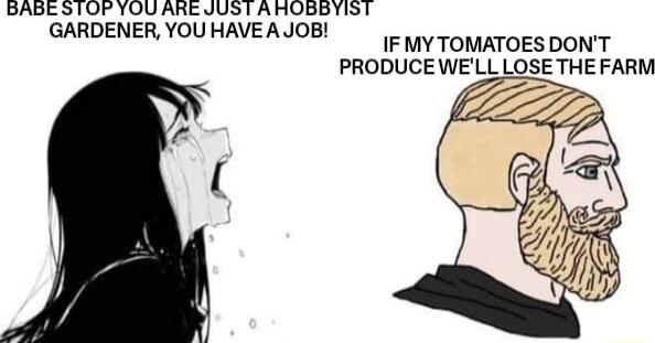 BABE STOF YOUARE JUST AHOBBYIST GARDENER YOU HAVE A JOB IF MY TOMATOES DONT PRDDUCEWLosEmE FARM