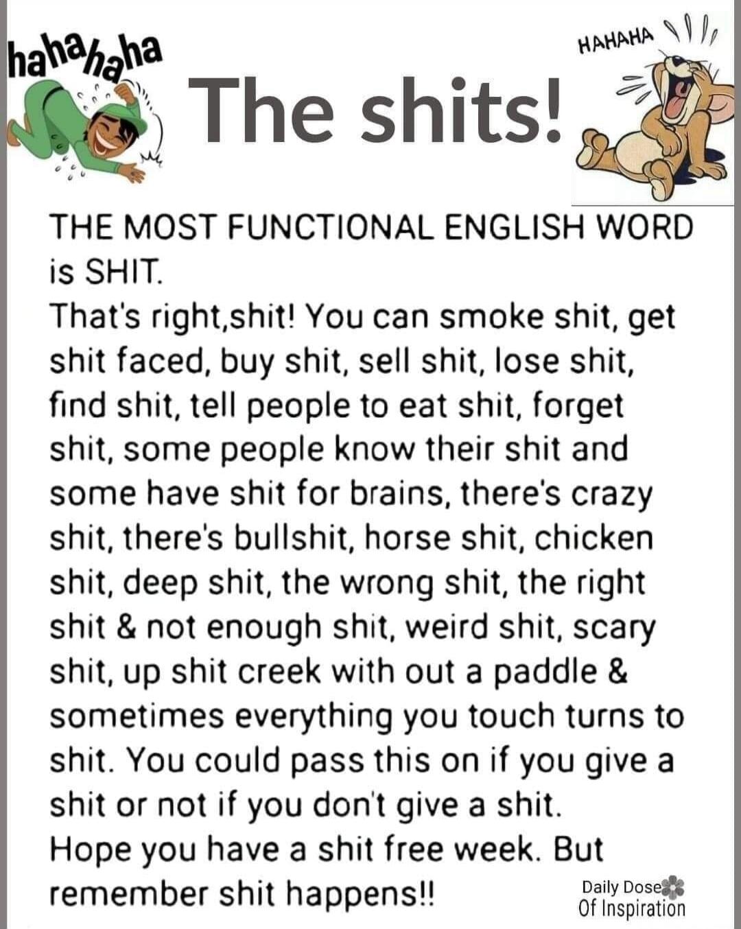 hahahaha The shits! HAHAHA THE MOST FUNCTIONAL ENGLISH WORD is SHIT. That's right, shit! You can smoke shit, get shit faced, buy shit, sell shit, lose shit, find shit, tell people to eat shit, forget shit, some people know their shit and some have shit for brains, there's crazy shit, there's bullshit, horse shit, chicken shit, deep shit, the wrong 