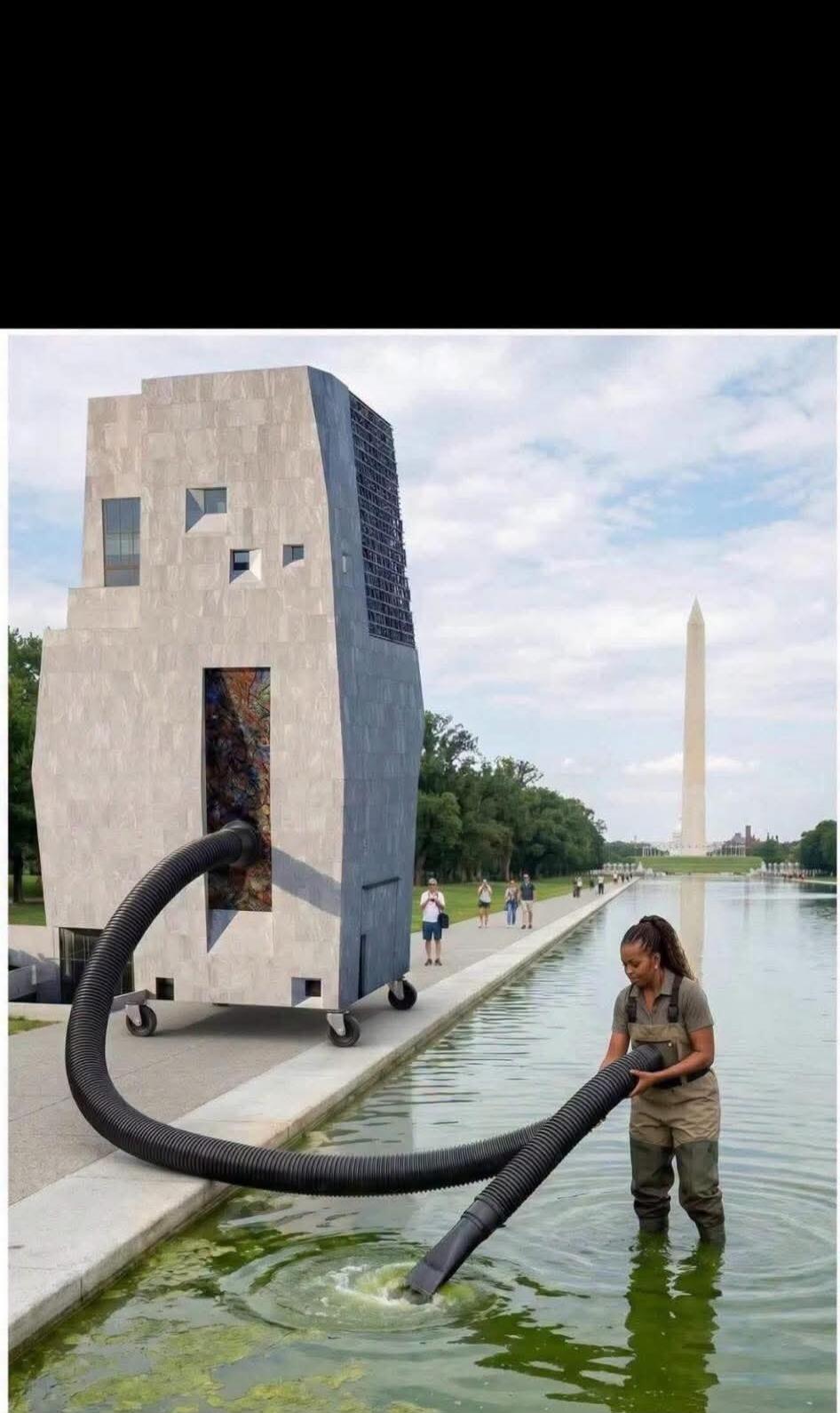 A woman in waders is cleaning a green, algae-filled reflecting pool with a large vacuum hose connected to a building on wheels, resembling a giant vacuum cleaner. The Washington Monument is visible in the background.