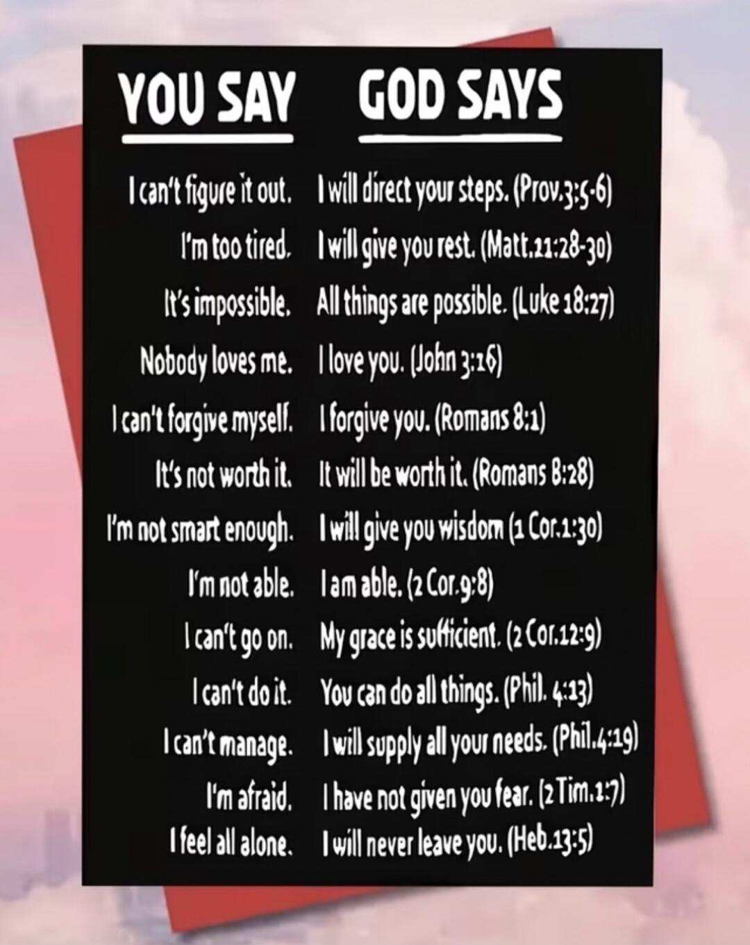 YOU SAY I can't figure it out. I'm too tired. It's impossible. Nobody loves me. I can't forgive myself. It's not worth it. I'm not smart enough. I'm not able. I can't go on. I can't do it. I can't manage. I'm afraid. I feel all alone. GOD SAYS I will direct your steps. (Prov.3:5-6) I will give you rest. (Matt.11:28-30) All things are possible. (Luk