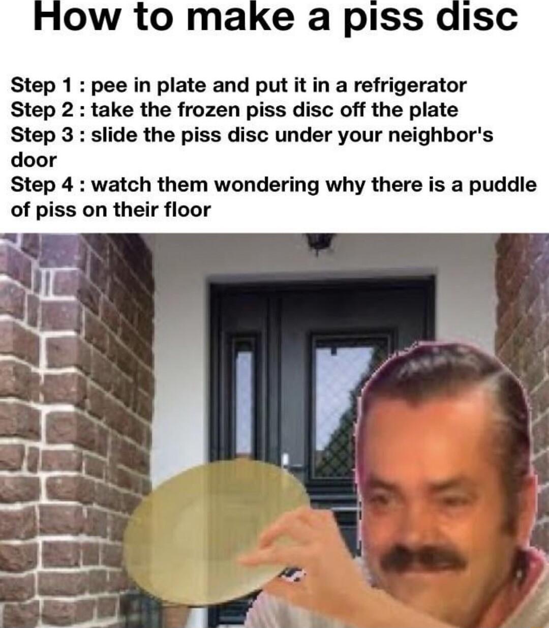 Step 1 pee in plate and put it in a refrigerator Step 2 take the frozen piss disc off the plate Step 3 slide the piss disc under your neighbors door Step 4 watch them wondering why there is a puddle of piss on their floor