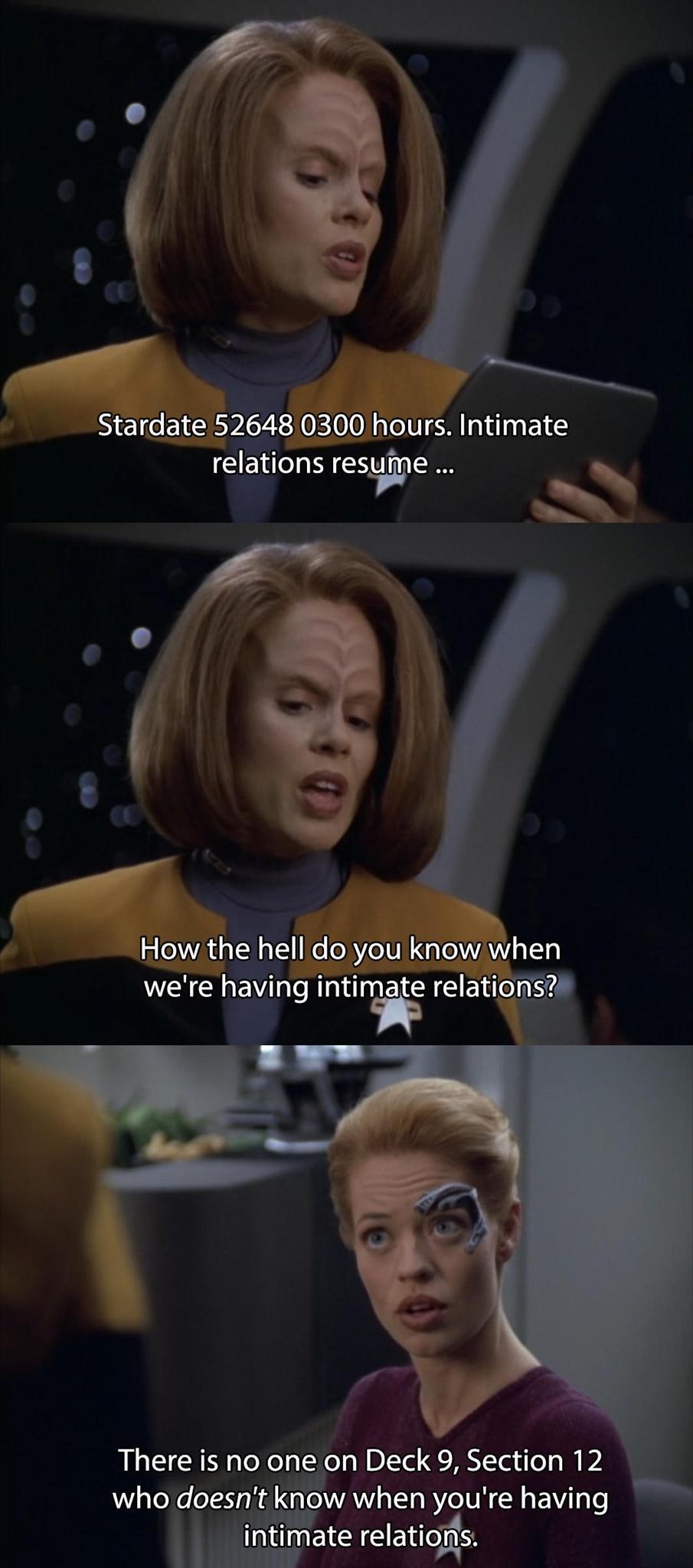 Stardate 52648 0300 hours Intimate relations resume 1 How th A jell do you know when WA CHEV TR ENE relatiof There is no Qgon Deck 9 Section 12 who doesnt know when youre having intimate relatiors