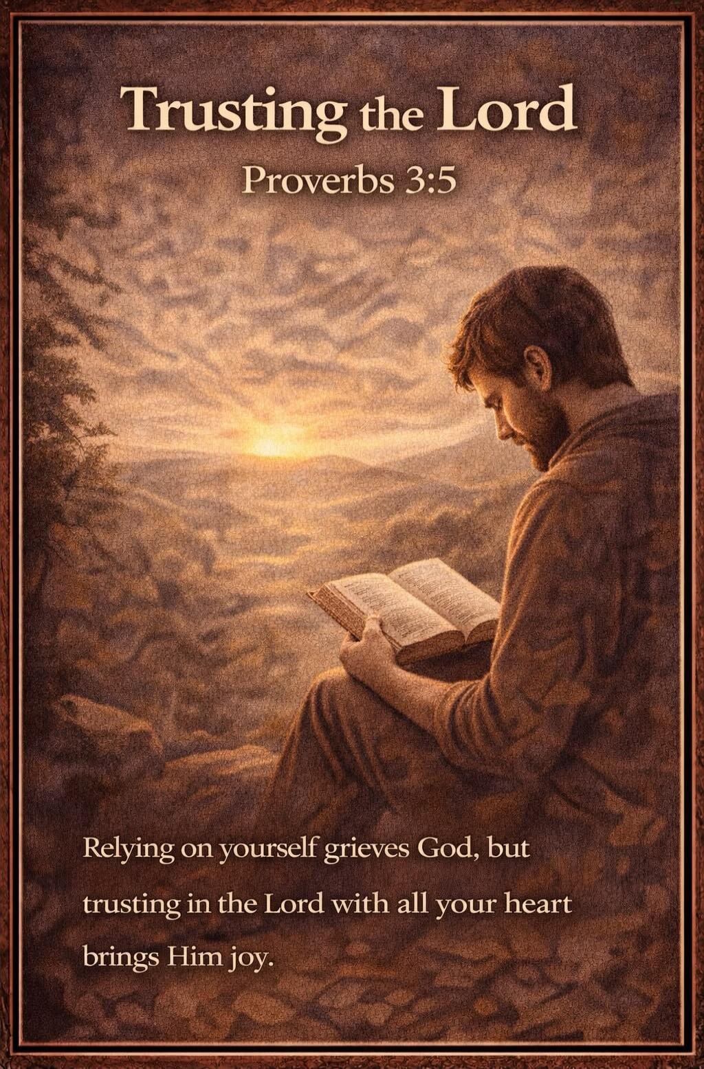 Trusting the Lord Proverbs 3:5 Relying on yourself grieves God, but trusting in the Lord with all your heart brings Him joy.