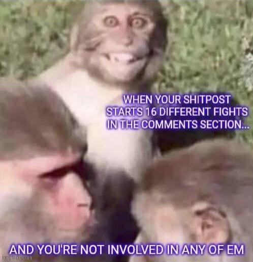 WHEN YOUR SHITPOST STARTS 16 DIFFERENT FIGHTS IN THE COMMENTS SECTION... AND YOU'RE NOT INVOLVED IN ANY OF EM