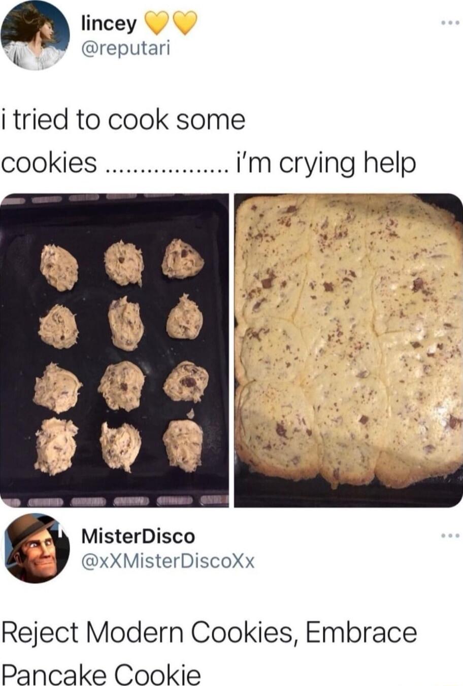 n lincey reputari L i tried to cook some cookies imcrying help MisterDisco xXMisterDiscoXx Reject Modern Cookies Embrace Pancake Cookie