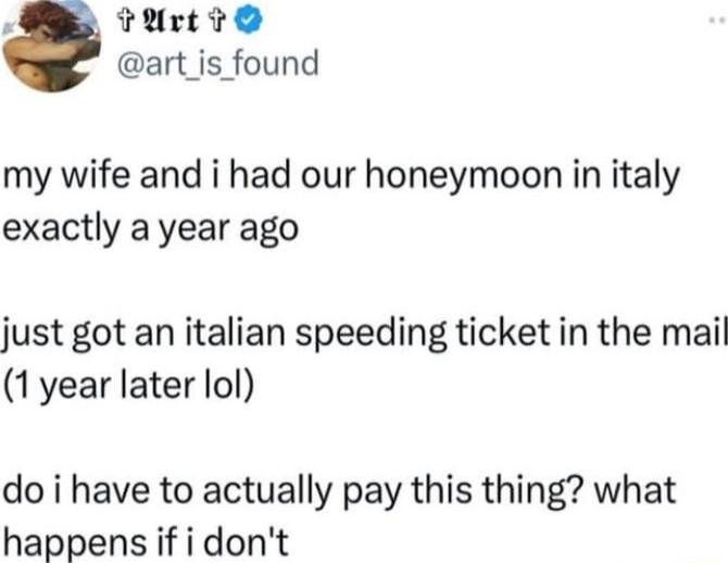 FUCL T art_is_found my wife and i had our honeymoon in italy exactly a year ago just got an italian speeding ticket in the mail 1 year later lol do i have to actually pay this thing what happens if i dont