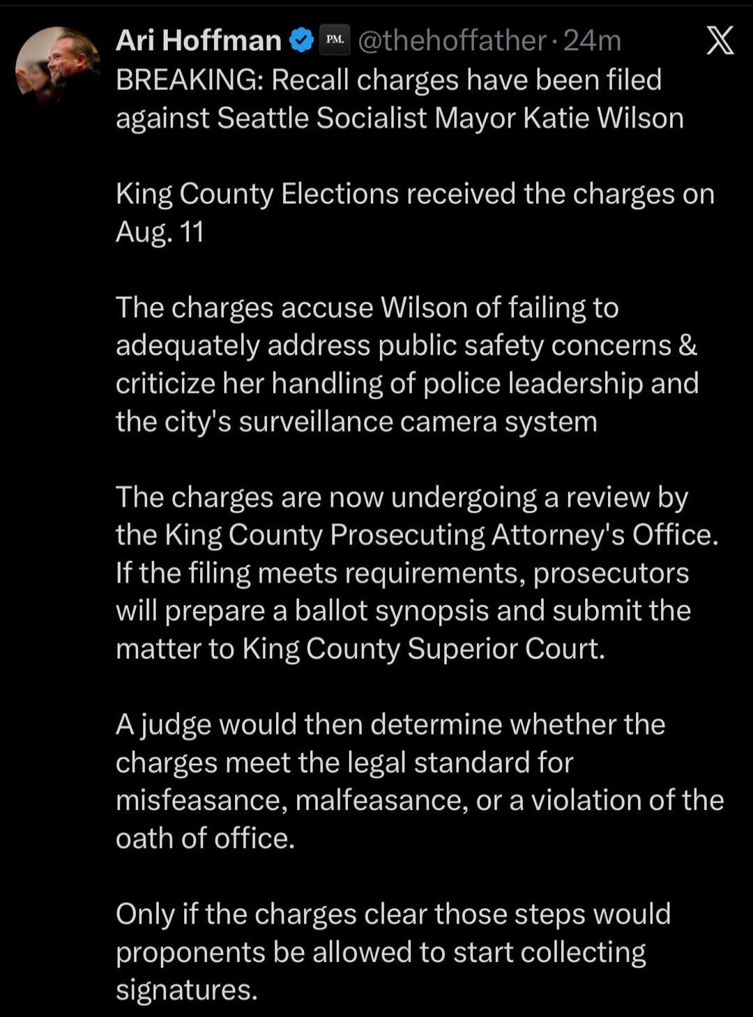 BREAKING: Recall charges have been filed against Seattle Socialist Mayor Katie Wilson. King County Elections received the charges on Aug. 11. The charges accuse Wilson of failing to adequately address public safety concerns & criticize her handling of police leadership and the city's surveillance camera system. The charges are now undergoing a revi