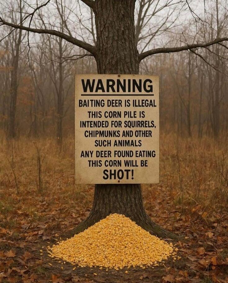 WARNING BAITING DEER IS ILLEGAL THIS CORN PILE IS INTENDED FOR SQUIRRELS, CHIPMUNKS AND OTHER SUCH ANIMALS ANY DEER FOUND EATING THIS CORN WILL BE SHOT!