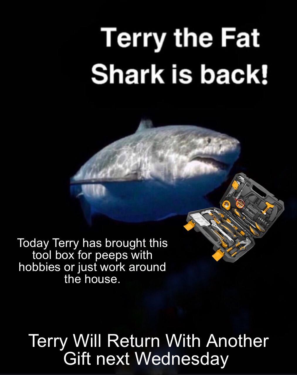 Terry the Fat Shark is back Today Terry has brought this tool box for peeps with hobbies or just work around the house Terry Will Return With Another Gift next Wednesday