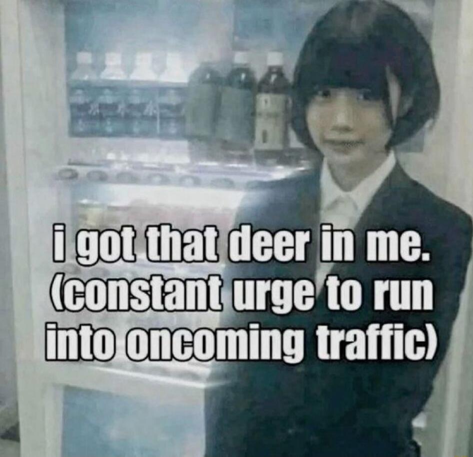 i got that deer in me. (constant urge to run into oncoming traffic)