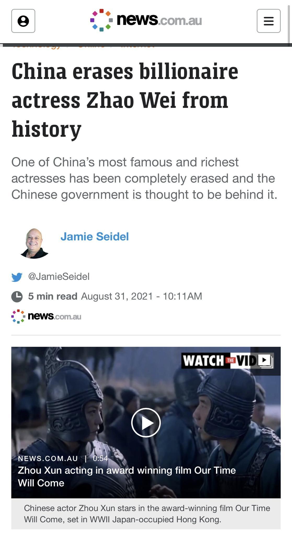 K 2 news China erases billionaire actress Zhao Wei from history One of Chinas most famous and richest actresses has been completely erased and the Chinese government is thought to be behind it N JamieSeidel Q 5 min read August 31 2021 1011AM e a y A NSWEWeTo VWV 4 Q VA LIV Vo ITer 1o o MTaRE 1 1o MWViToToTIa To N il lg WOV T HTo g Will Come Chinese actor Zhou Xun stars in the award winning film Ou